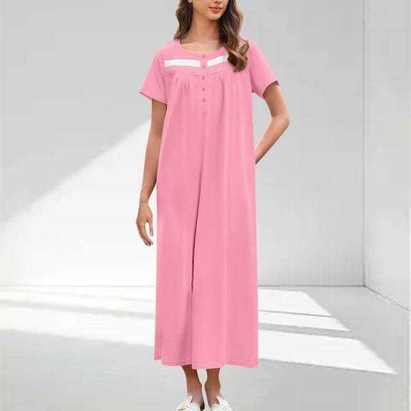 Karight Women Solid Color Round Neck Button Short Sleeved Pleated Front Dress Nightgown
