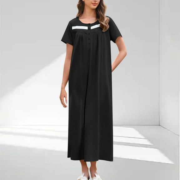 Karight Women Solid Color Round Neck Button Short Sleeved Pleated Front Dress Nightgown