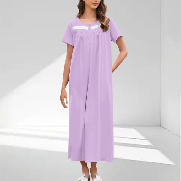 Karight Women Solid Color Round Neck Button Short Sleeved Pleated Front Dress Nightgown