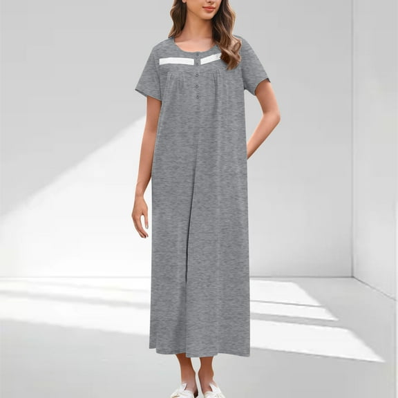 Karight Women Solid Color Round Neck Button Short Sleeved Pleated Front Dress Nightgown