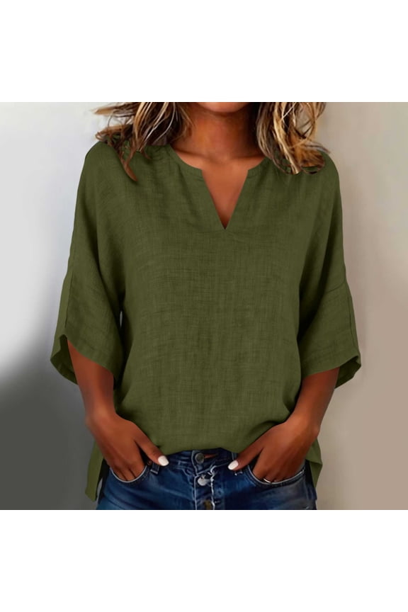 Women Split V Neck Dolman 3/4 Sleeve Linen Blouse, Loose Side Slit Solid Textured Tunic Top, Breathable Casual Shirt