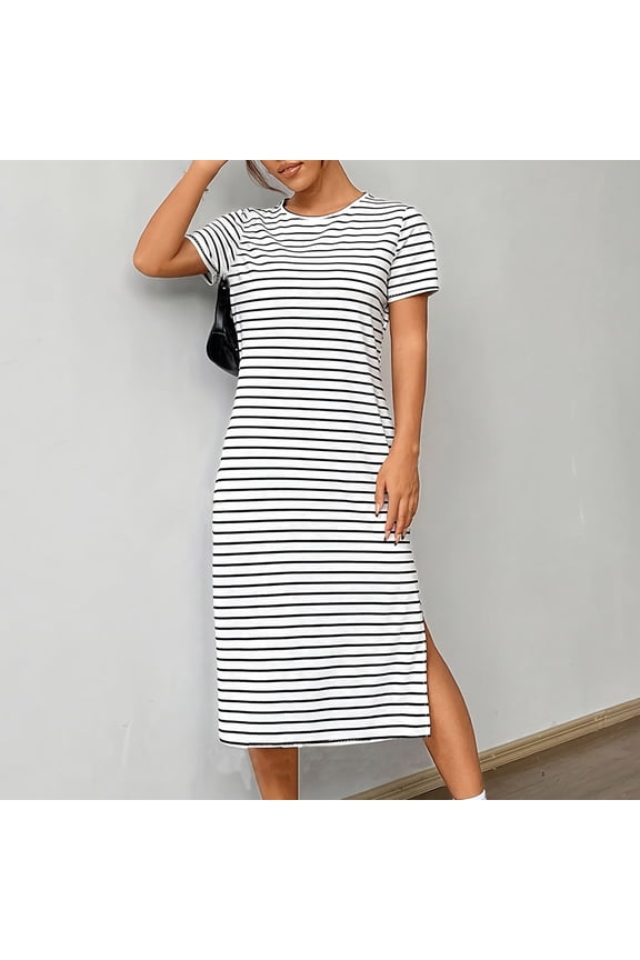 Women Striped Casual Midi Dress, Summer Short Sleeve Loose Fit T-Shirt Dresses Soft Comfy Side Slit Pockets Clothes