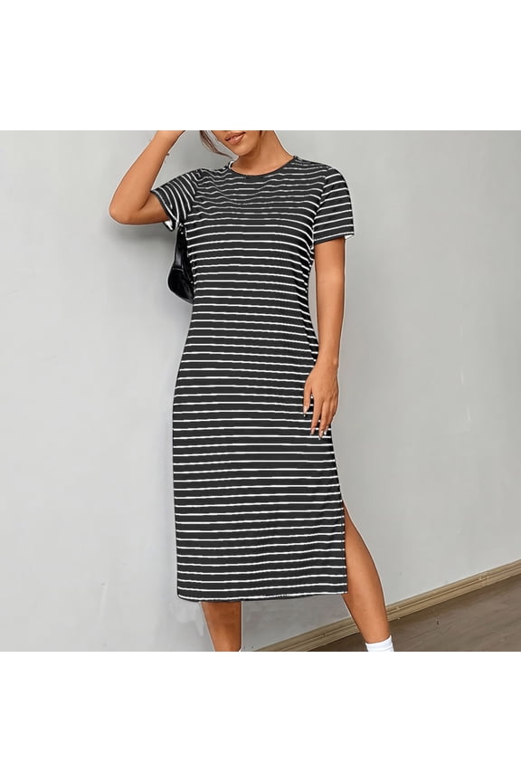 Women Striped Casual Midi Dress, Summer Short Sleeve Loose Fit T-Shirt Dresses Soft Comfy Side Slit Pockets Clothes