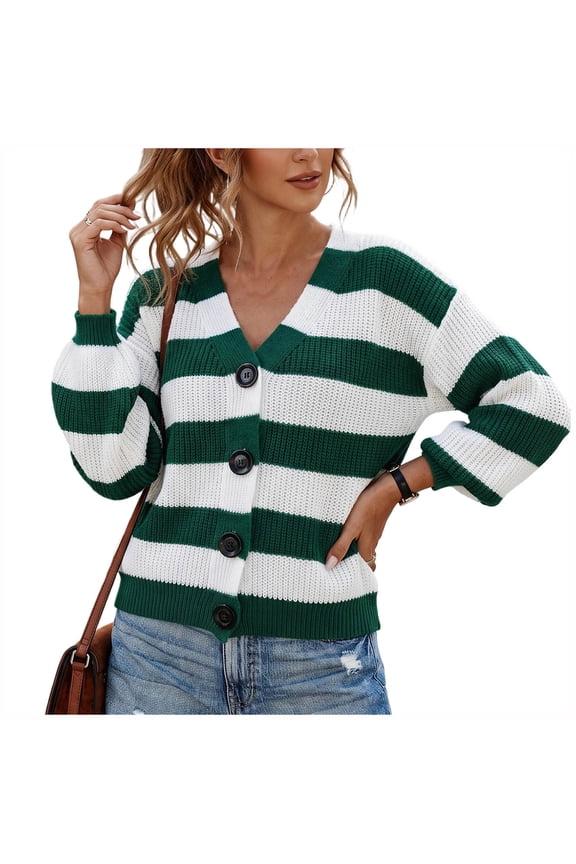 Women Striped Knit Cardigan V Neck Button Down Oversized Puff Long Sleeve Color Block Sweater Jacket Loose Ribbed Cuff Cropped Knit Outerwear for Spring Fall Daily Vacation