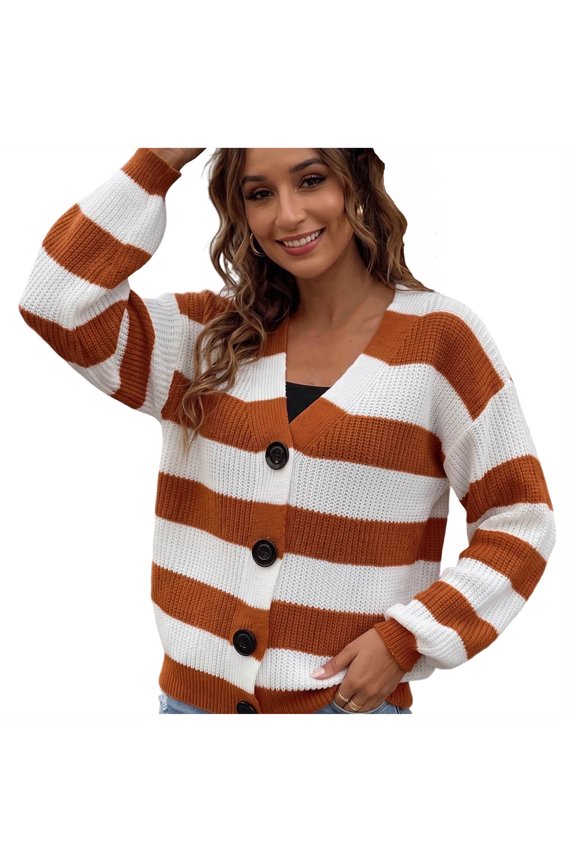 Women Striped Knit Cardigan V Neck Button Down Oversized Puff Long Sleeve Color Block Sweater Jacket Loose Ribbed Cuff Cropped Knit Outerwear for Spring Fall Daily Vacation