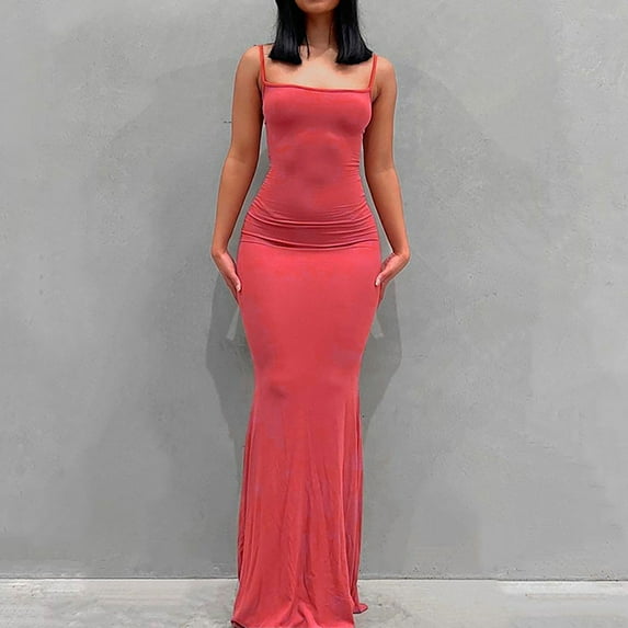 Karight Women Summer Spaghetti Strap Square Neck Sleeveless Tight Fitted Long Bodycon Maxi Dress Bodycon Sundress