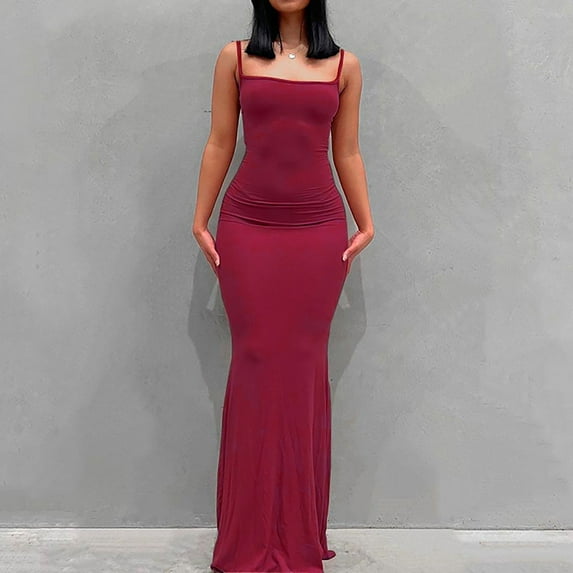 Karight Women Summer Spaghetti Strap Square Neck Sleeveless Tight Fitted Long Bodycon Maxi Dress Bodycon Sundress