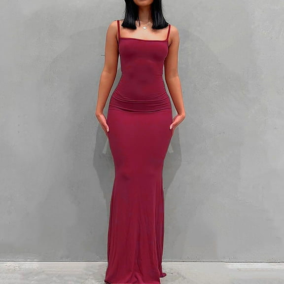 Karight Women Summer Spaghetti Strap Square Neck Sleeveless Tight Fitted Long Bodycon Maxi Dress Bodycon Sundress