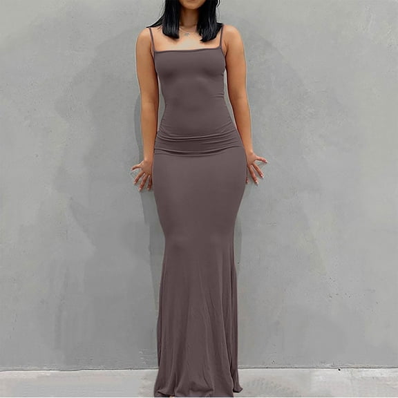 Karight Women Summer Spaghetti Strap Square Neck Sleeveless Tight Fitted Long Bodycon Maxi Dress Bodycon Sundress