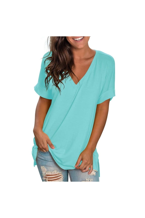 Women V Neck Rolled Sleeve Tops Summer Curved Hem Short Sleeve T Shirts Loose Fit Tees