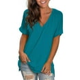 thumbnail image 1 of Karight Women V Neck Rolled Sleeve Tops Summer Curved Hem Short Sleeve T Shirts Loose Fit Tees, 1 of 5