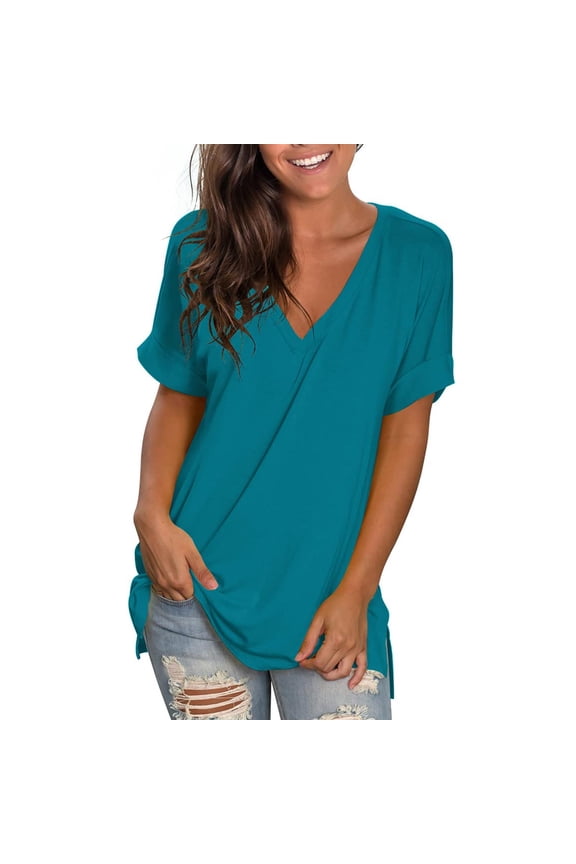 Women V Neck Rolled Sleeve Tops Summer Curved Hem Short Sleeve T Shirts Loose Fit Tees