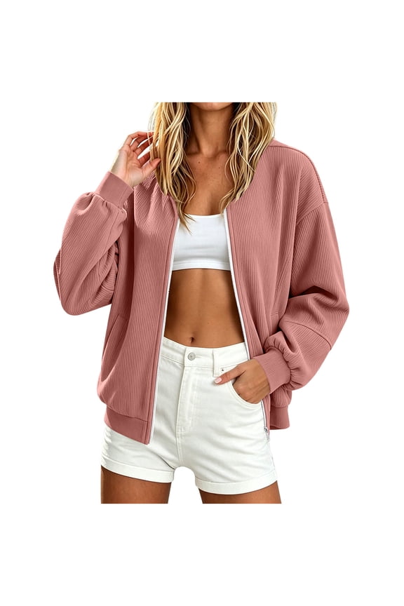 Women Vertical Ribbed Knit Zip Up Bomber Jacket Crew Neck Long Puff Sleeve Loose Casual Cardigan Coat Solid Color Lightweight Transitional Outerwear for Spring Fall Daily