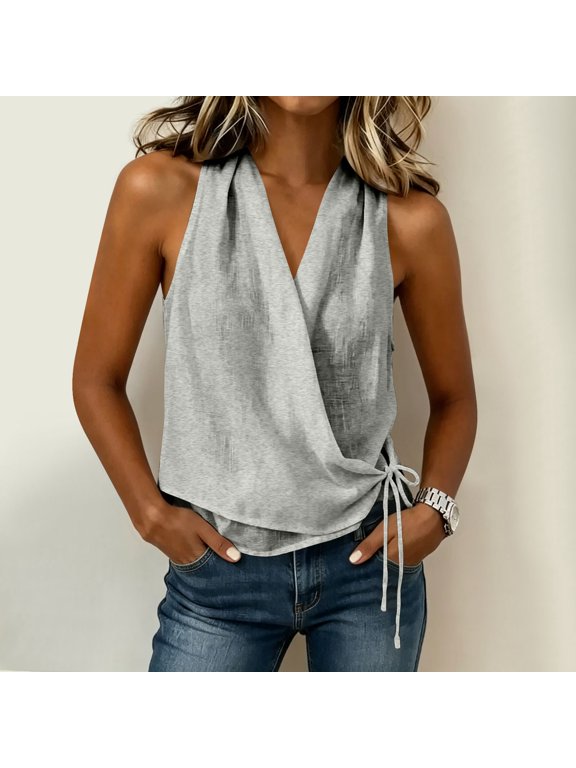 Women Wrap Front V Neck Side Drawstring Sleeveless Linen Tank, Solid Adjustable Ruched Summer Casual Top