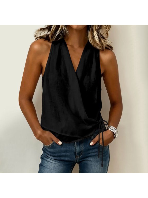 Women Wrap Front V Neck Side Drawstring Sleeveless Linen Tank, Solid Adjustable Ruched Summer Casual Top