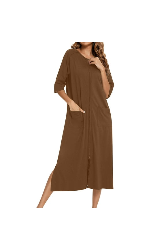 Women Zipper Robe 3/4 Sleeves Housecoat Dress Full Length Nightgown with Pockets Lounge House Coats Long Bathrobe