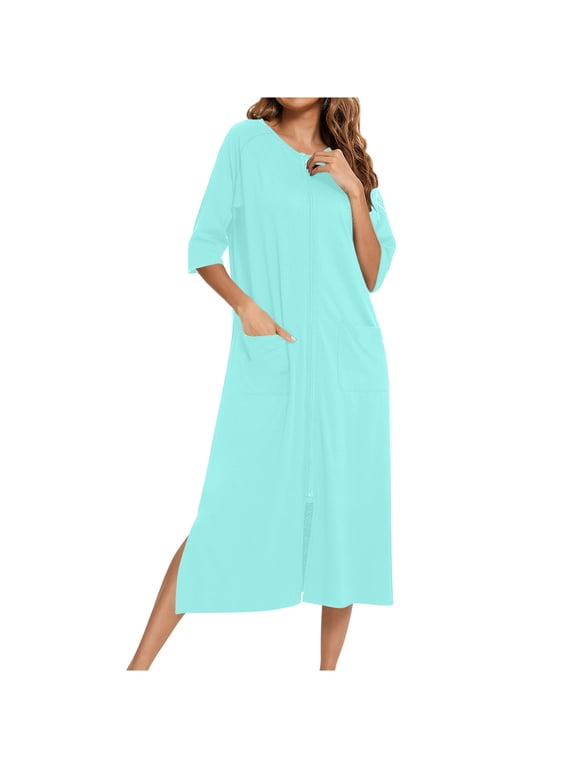 Women Zipper Robe 3/4 Sleeves Housecoat Dress Full Length Nightgown with Pockets Lounge House Coats Long Bathrobe
