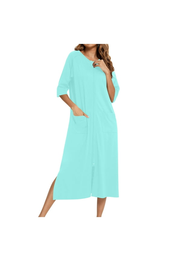 Women Zipper Robe 3/4 Sleeves Housecoat Dress Full Length Nightgown with Pockets Lounge House Coats Long Bathrobe