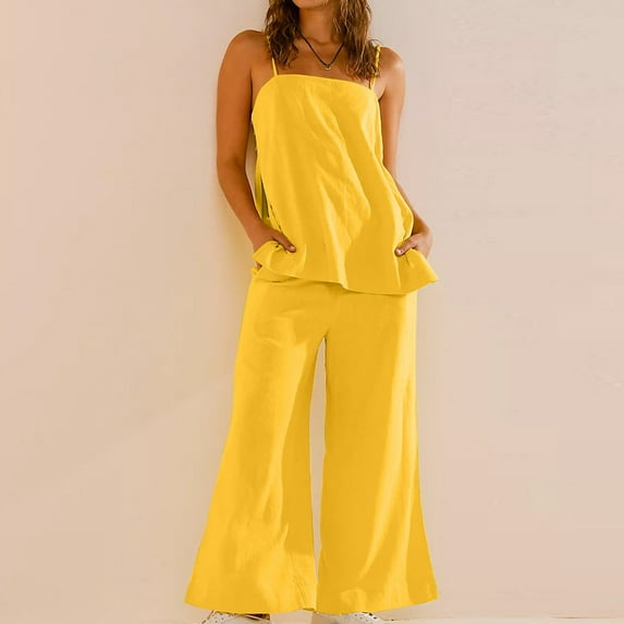 Karight Women's 2 Piece Outfits Summer Sets Sleeveless Square Neck Tank Top Wide Leg Pants Matching Lounge Set