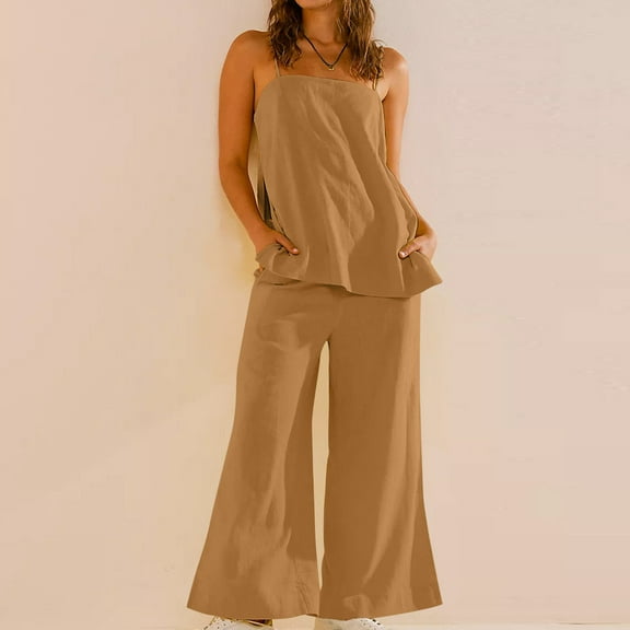 Karight Women's 2 Piece Outfits Summer Sets Sleeveless Square Neck Tank Top Wide Leg Pants Matching Lounge Set