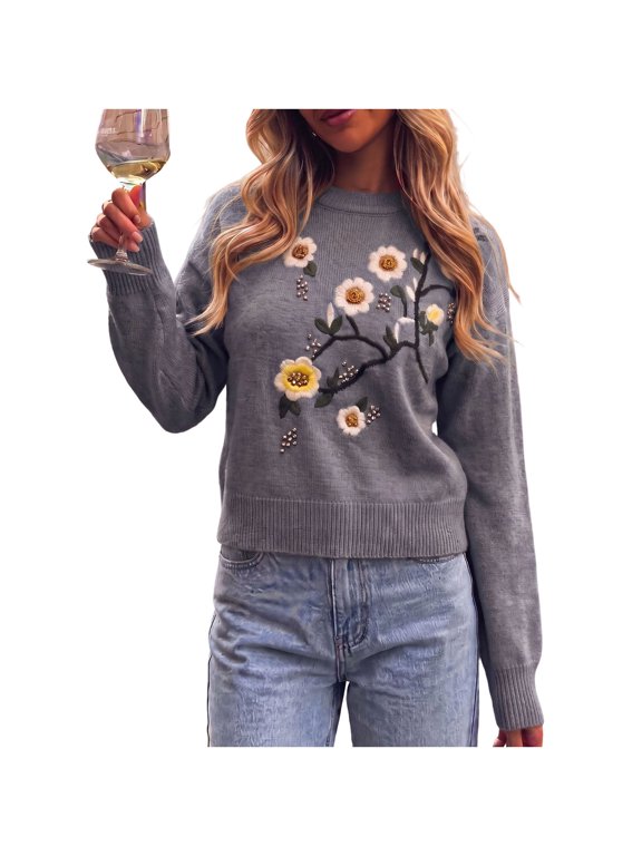 Women's 3D Floral Embroidered Sweater Round Neck Long Sleeve Knit Pullover Elegant Casual Crop Top