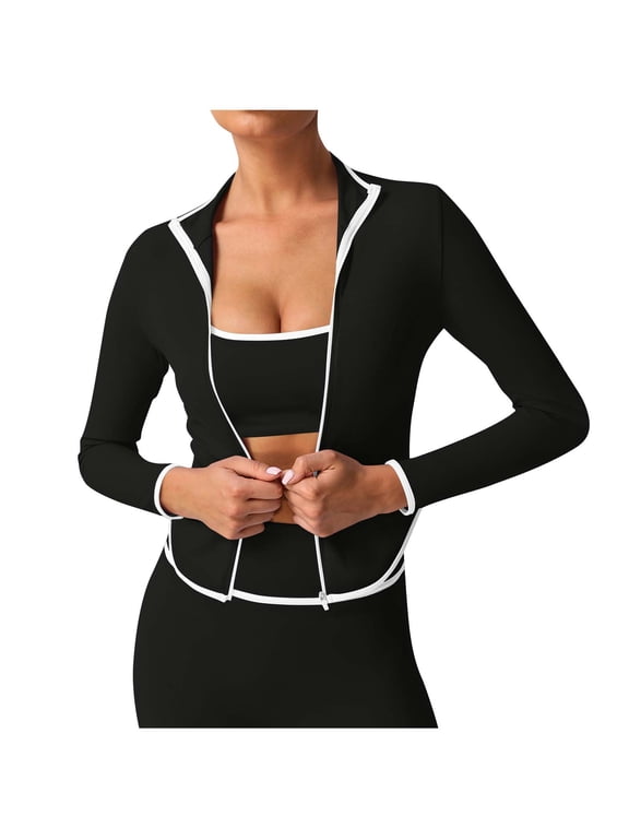 Women's Athletic Full Zip Workout Jacket Contrast Color Quick Dry Lightweight Running Yoga Jacket Slim Sportswear