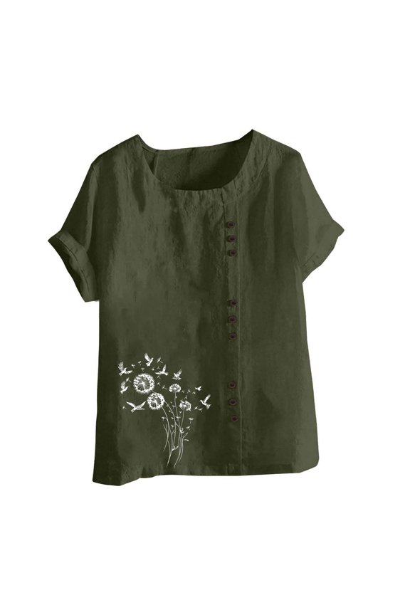 Women's Blouses Fashion Print Round Neck Vintage Cotton and Hemp Solid Button Short Sleeve T-Shirt Top