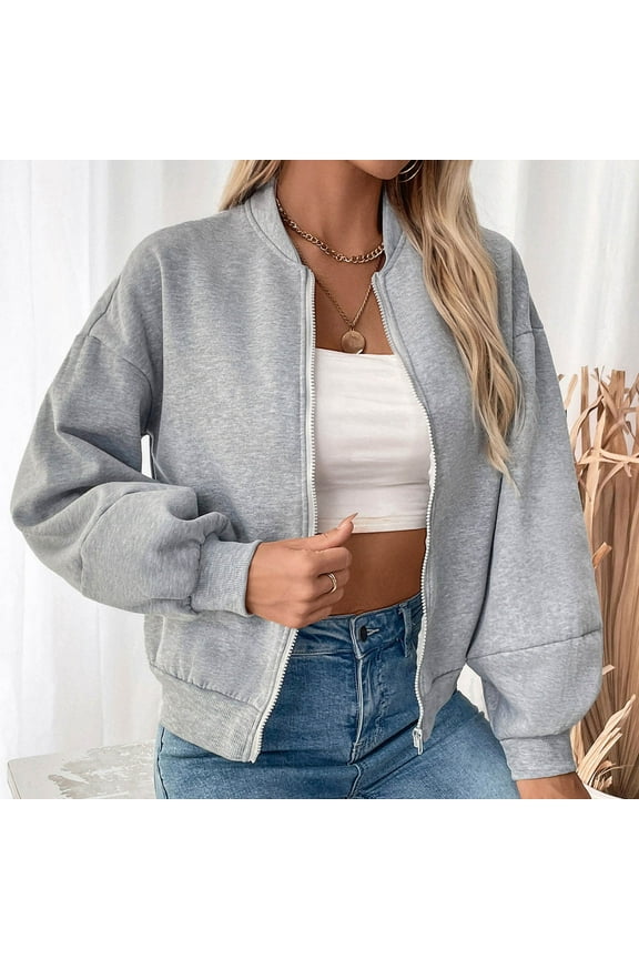 Women's Bomber Jacket Fleece Oversized Zip Up Sweatshirt Casual Long Sleeve Baseball Collar Coat Winter Outerwear