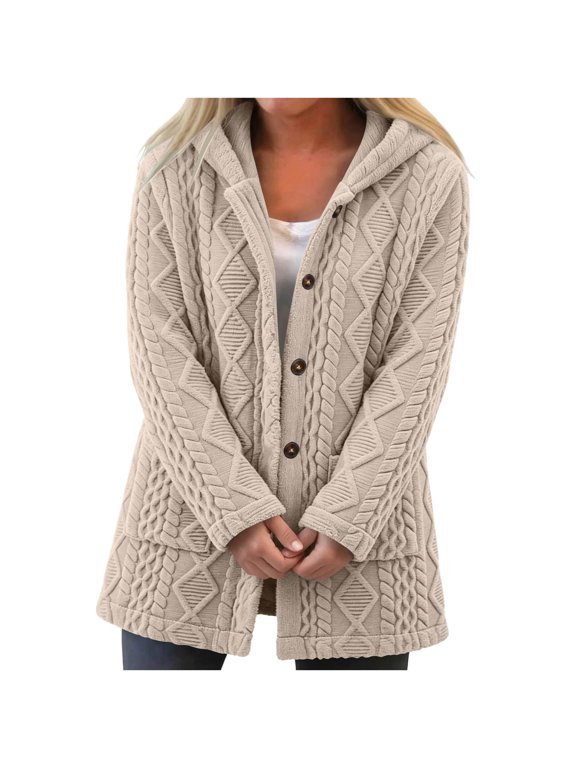 Women's Cable Knit Fleece Lined Hood Cardigan Sweaters Women Knit Cardigan,Patch Pockets,Button Front,Warm Fall Winter,Cozy Oversized,Casual Wear