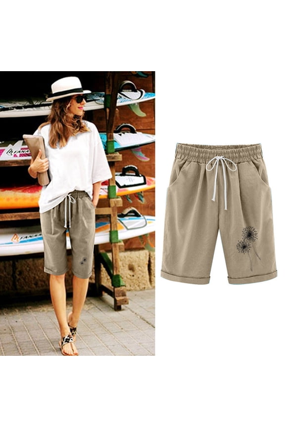 Women's Casual Elastic Waist Comfy Knee Length Curling Bermuda Shorts with Pockets Khaki