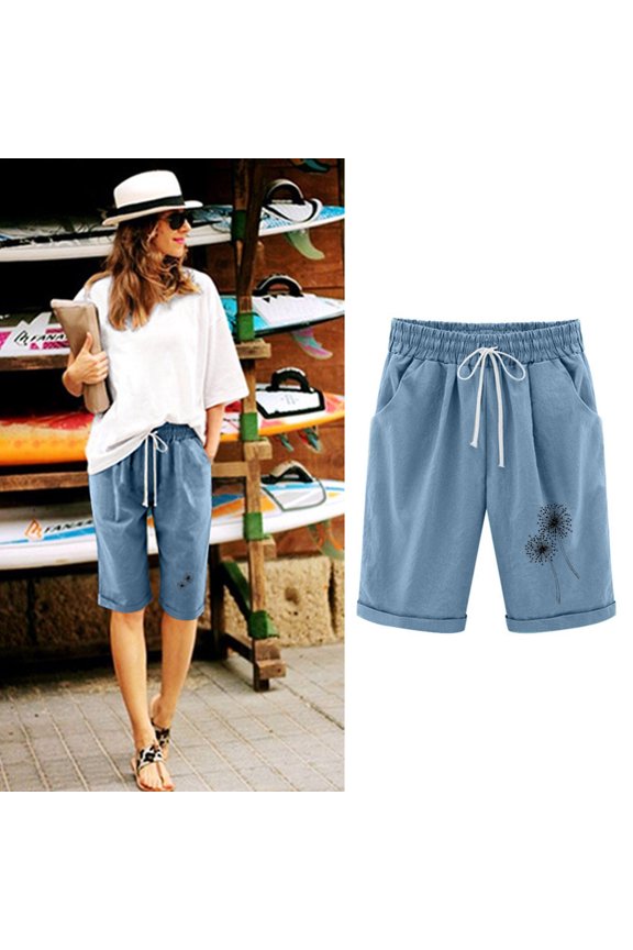 Women's Casual Elastic Waist Comfy Knee Length Curling Bermuda Shorts with Pockets Light Blue