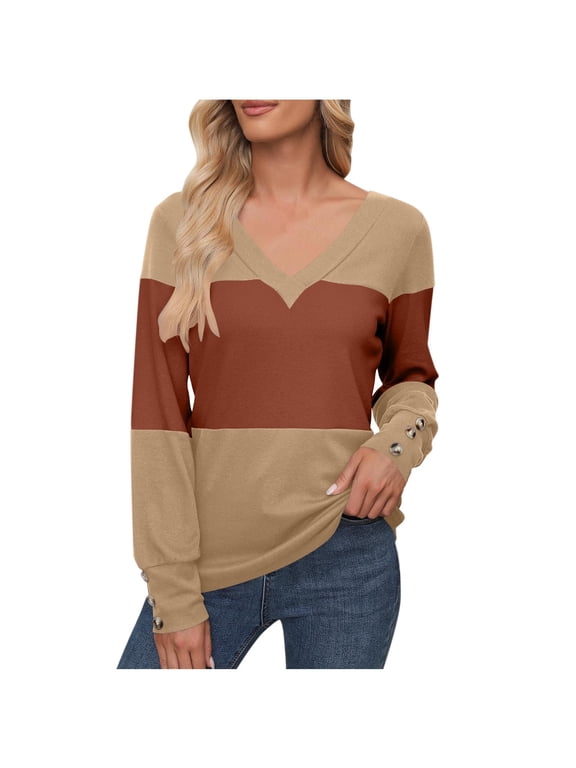 Women's Color Blocked Printed V-neck Regular Sleeve Long Sleeved Decorative Casual Pullover Winter T-shirt Top