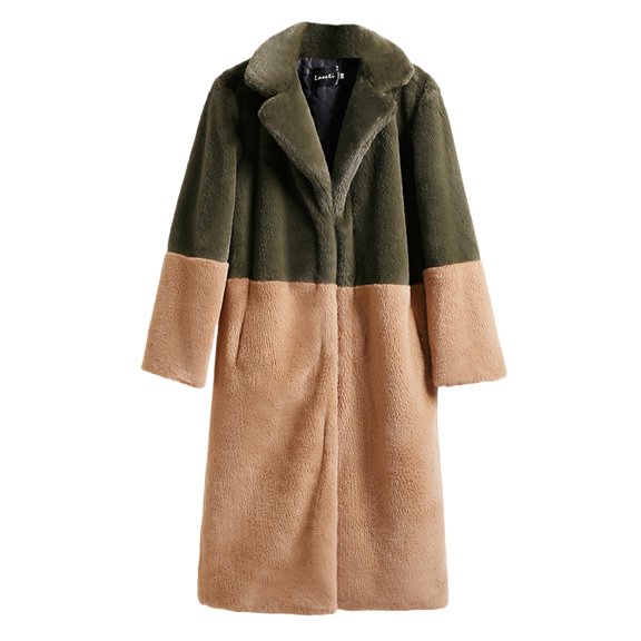 Karight Women's Colorblock Sherpa Coat Winter Thick Faux Patchwork Medium Length Coat With Added Velvet