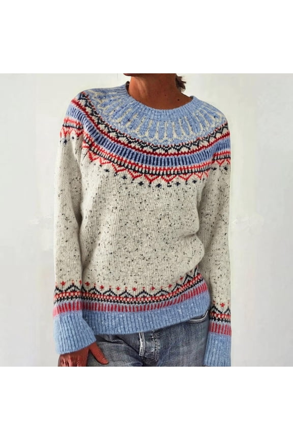 Women's Colorful Retro Knitted Fair Isle Print Sweater Trendy Fall Winter Oversized Lightweight Pullover Tops