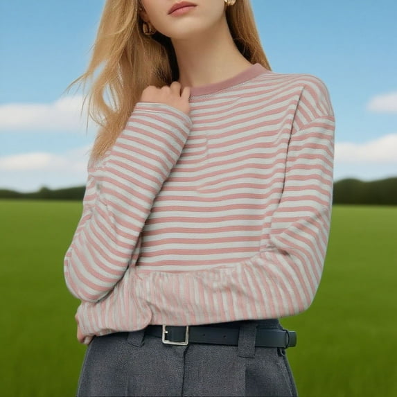 Karight Women's Contrast Stripe Long Sleeve Sweater Thicken Vintage Crew Neck Warm Knitted Pullover