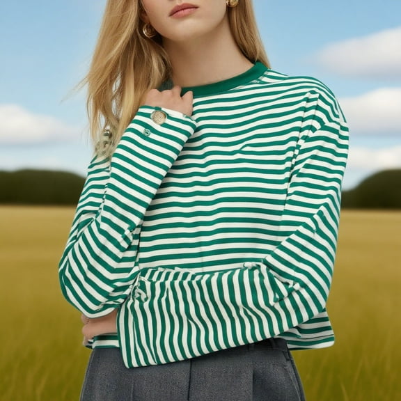 Karight Women's Contrast Stripe Long Sleeve Sweater Thicken Vintage Crew Neck Warm Knitted Pullover