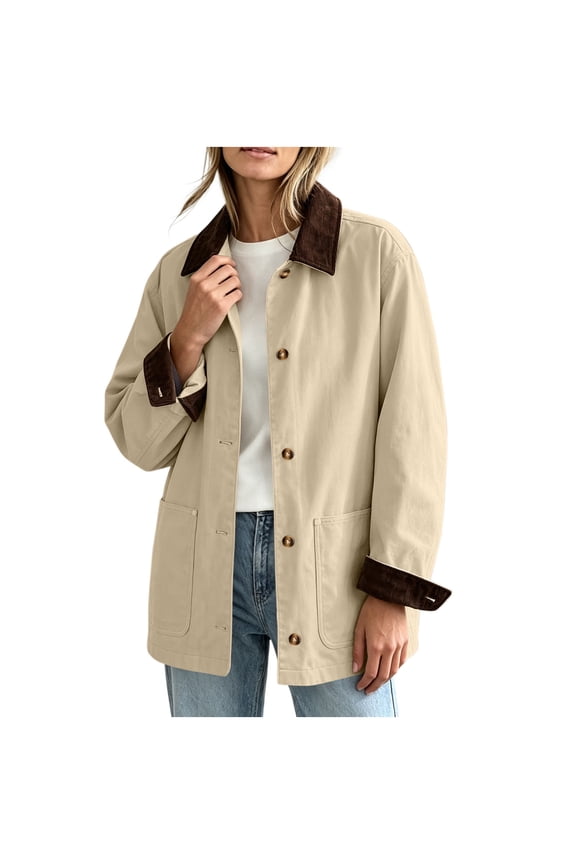 Women's Corduroy Collar Shacket Button Down Long Sleeve Shirt Jacket with Patch Pockets