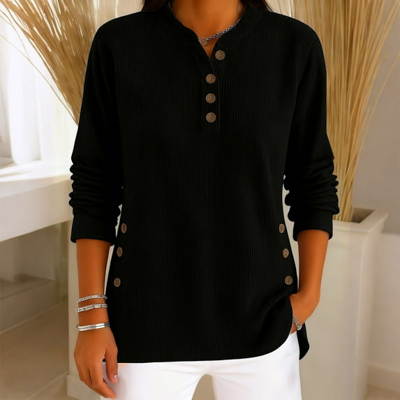 Karight Women's Corduroy Solid Color Loose Casual V-neck Button Long Sleeved Top T-shirt