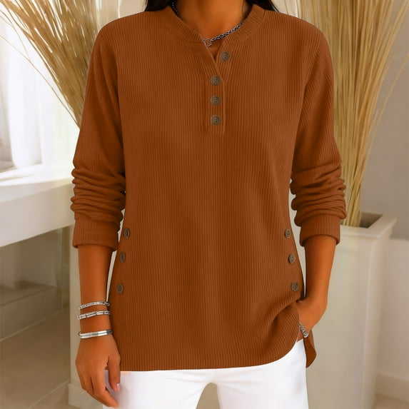 Karight Women's Corduroy Solid Color Loose Casual V-neck Button Long Sleeved Top T-shirt