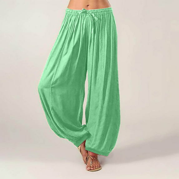 Karight Women's Cotton Linen Harem Pants Casual Loose Fit High Waisted Pants Trousers with Pockets Green
