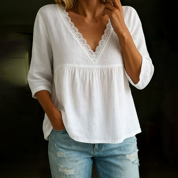 Karight Women's Cotton Linen Lace Tops Trim V Neck 3/4 Sleeve T Shirts Spring Fall Loose Fit Solid Color Blouse