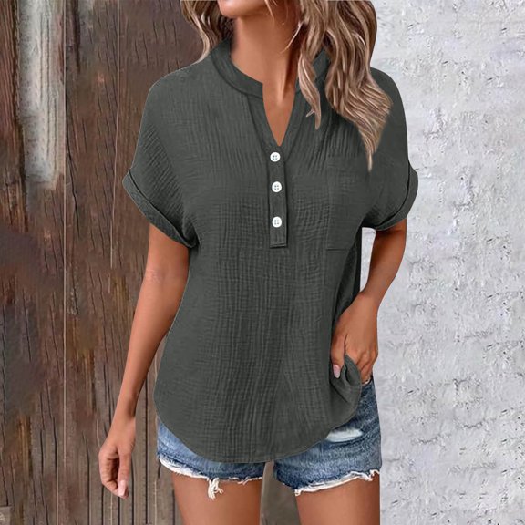 Karight Women's Cotton Linen Shirts V Neck Button Down Tops Short Sleeve Office Work Tops Vintage Vacation Blouses Outfits