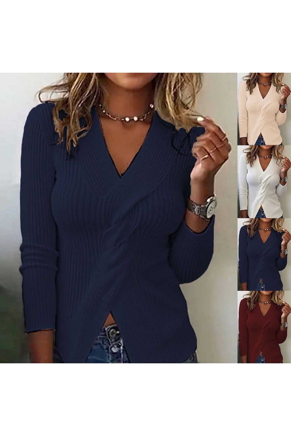 Women's Criss Cross Sweaters Fashion Wrap V Neck Long Sleeve Ribbed Knit Pullover