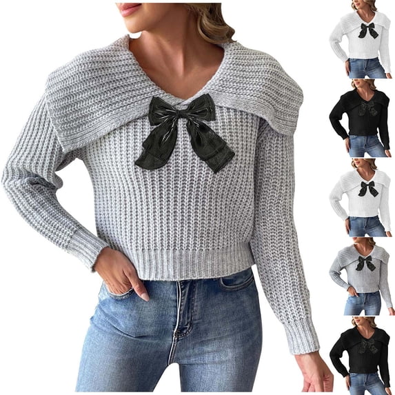 Karight Women's Crochet Knit Loose Sweater Lapel Collar Long Sleeve Bow Front Spring Fall Knitted Pullover Knitwear