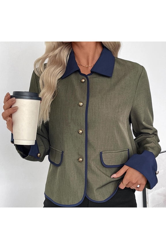 Women's Cropped Barn Jacket Contrast Collar Zip Up Long Sleeve Snap Button Jackets with Utility Pockets