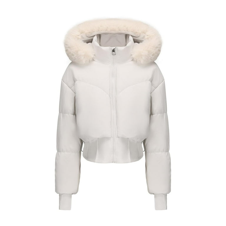 Karight Women's Cropped Puffer Jacket Faux Fur Hooded Winter Warm