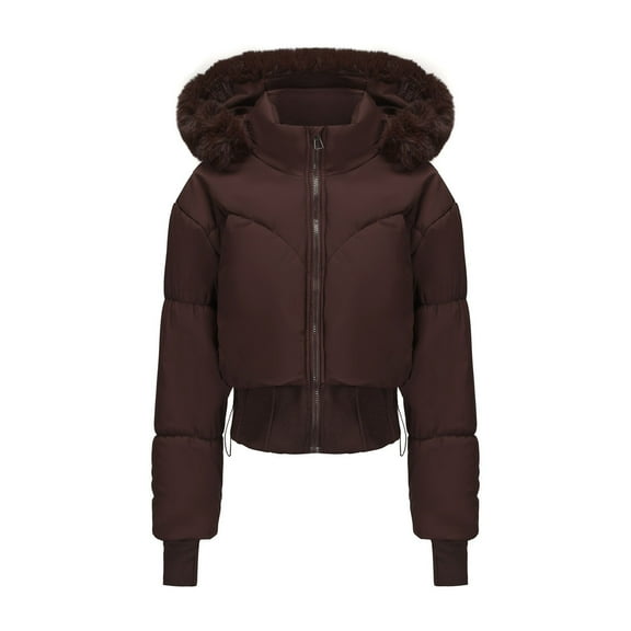 Karight Women's Cropped Puffer Jacket Faux Fur Hooded Winter Warm Padded Coat Stand Collar Quilted Down Coats with Zip Pocket