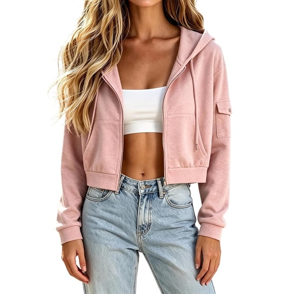 Karight Women's Cropped Zip Up Hoodie Long Sleeve Drop Shoulder Fleece Sweatshirt Casual Athletic Jacket with Utility Pocket