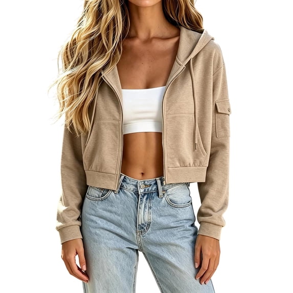 Karight Women's Cropped Zip Up Hoodie Long Sleeve Drop Shoulder Fleece Sweatshirt Casual Athletic Jacket with Utility Pocket