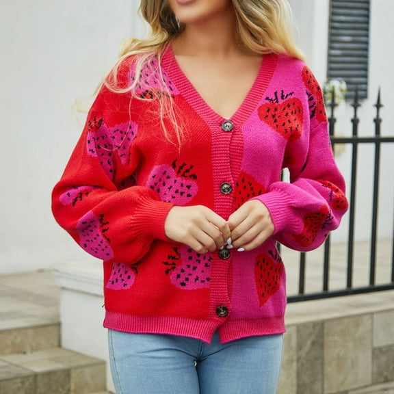Karight Women's Cute Strawberry Graphic Cardigan Sweaters Button Down Color Block Knit Jacket Trendy Clothes